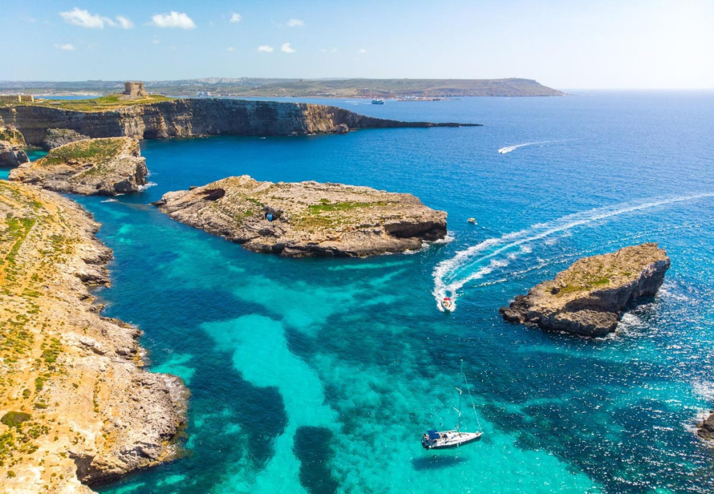 aerial-view-comino-island- hire boat malta - boat charters malta - sensi watersports